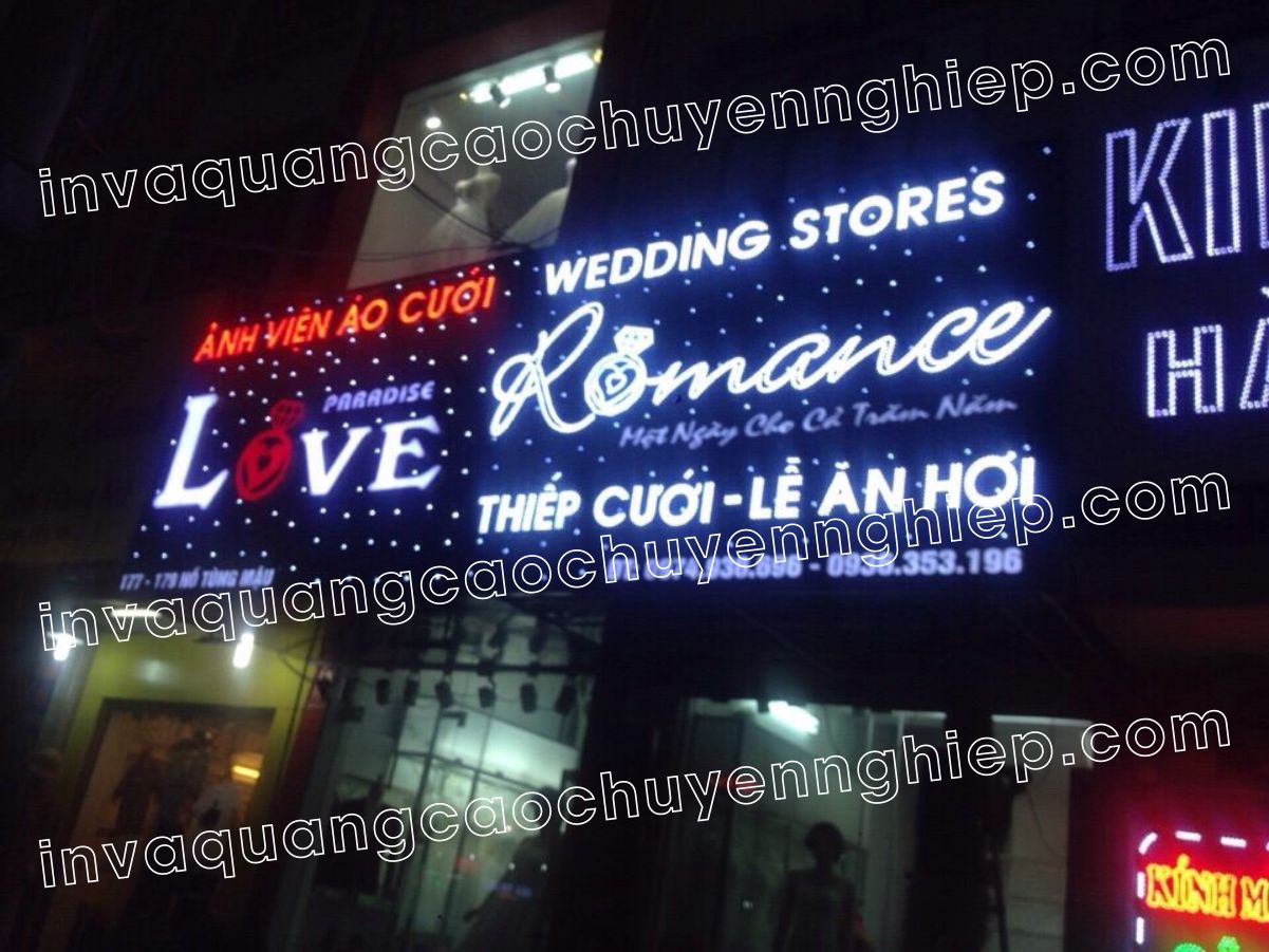 chữ nổi mica đèn led biển quảng cáo ảnh viện áo cưới romance