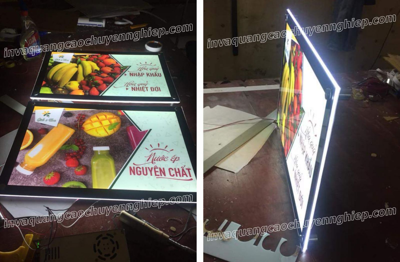 hộp đèn led siêu mỏng biển nhà hàng ăn uống nước ép nguyên chất