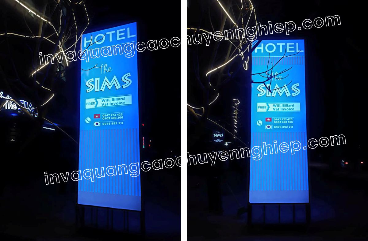 hộp đèn quảng cáo bạt 3m đèn led hotel sims
