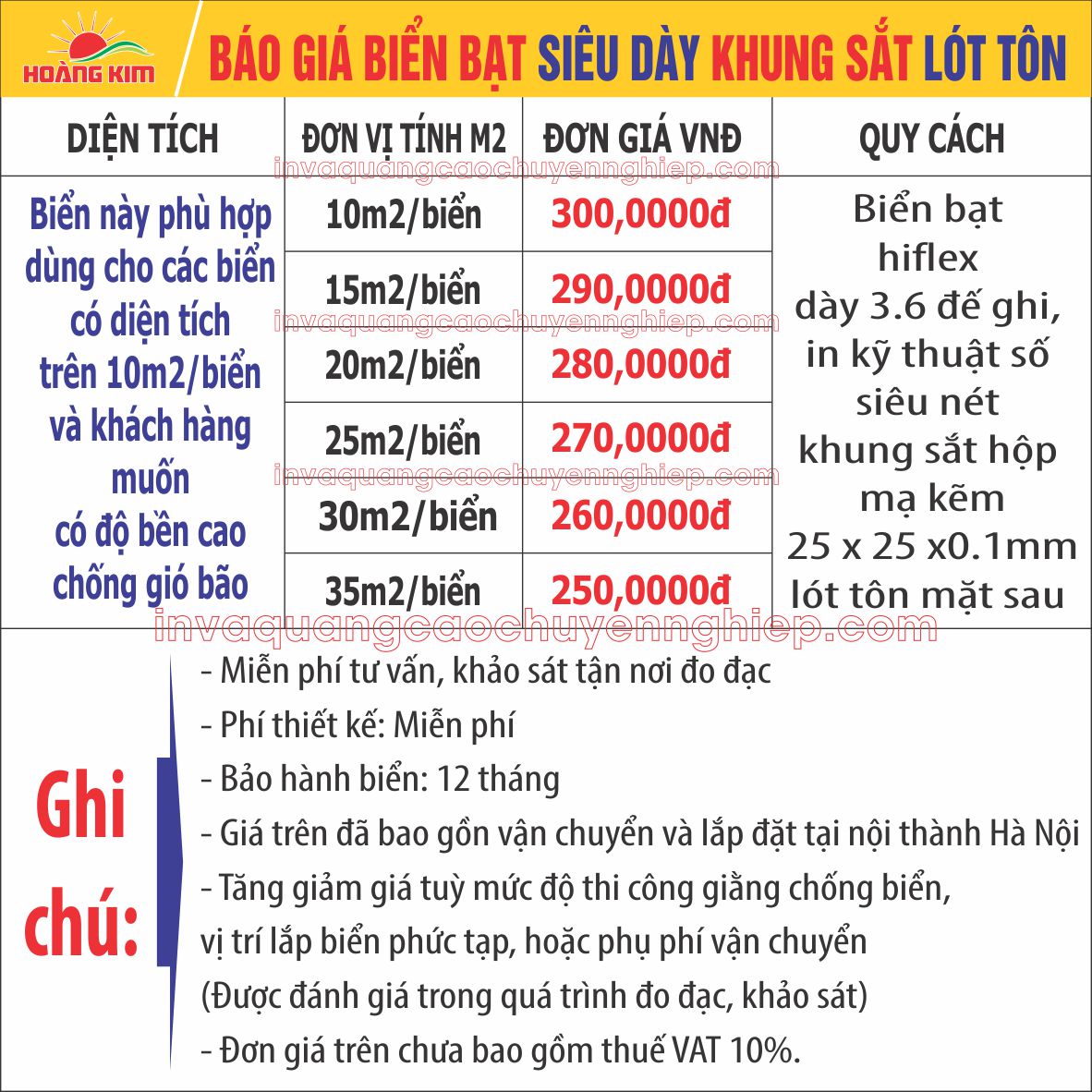 BÁO GIÁ BIỂN BẠT SIÊU DÀY KHUNG SẮT LÓT TÔN DÀNH CHO BIỂN QUẢNG CÁO CÓ KÍCH THƯỚC TỪ 10M2 TRỞ LÊN VÀ VỊ TRÍ LẮP ĐẶT CẦN CHỐNG GIÓ BÃO TỐT