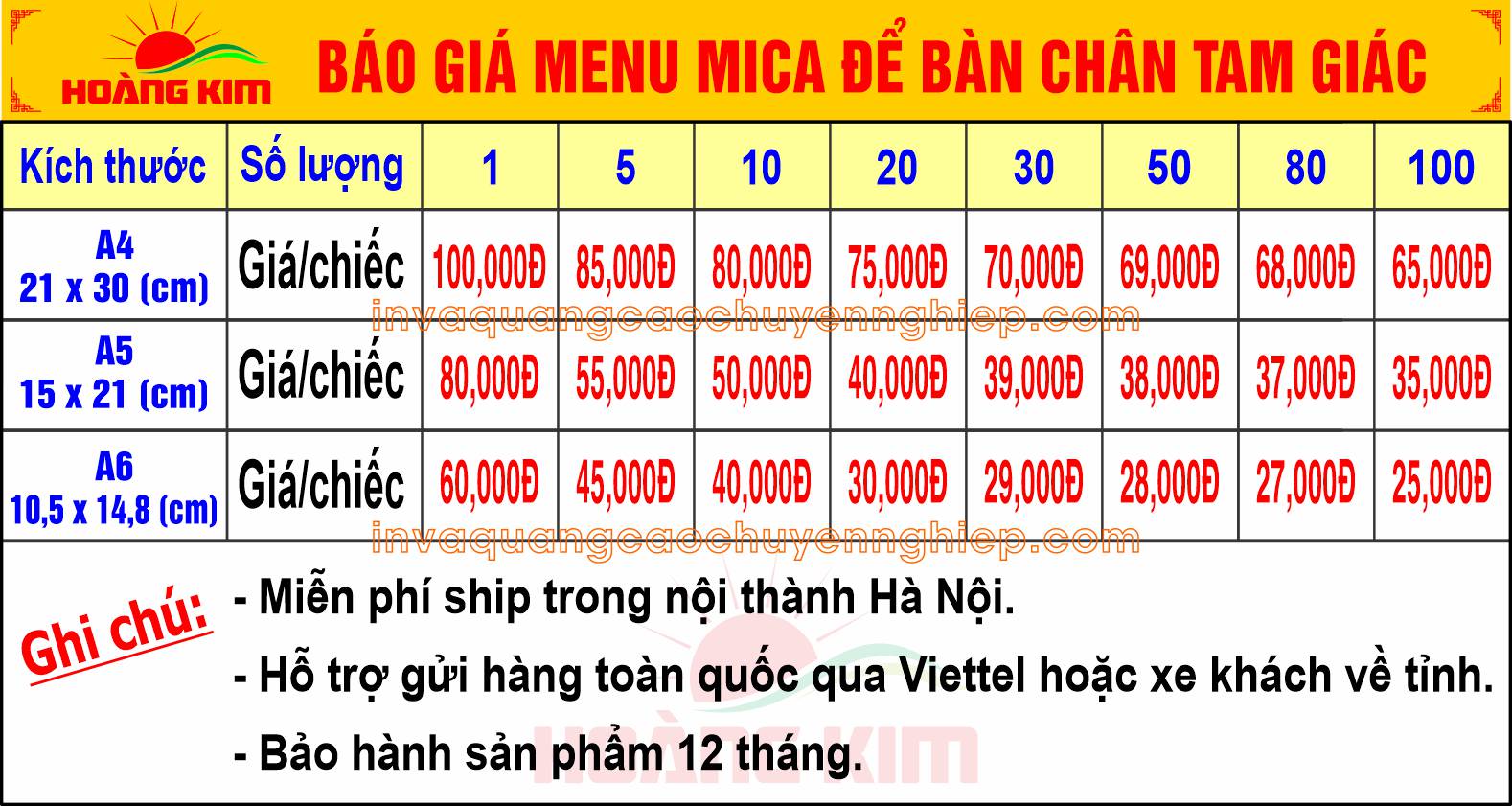 báo giá menu mica để bàn chân tam giác