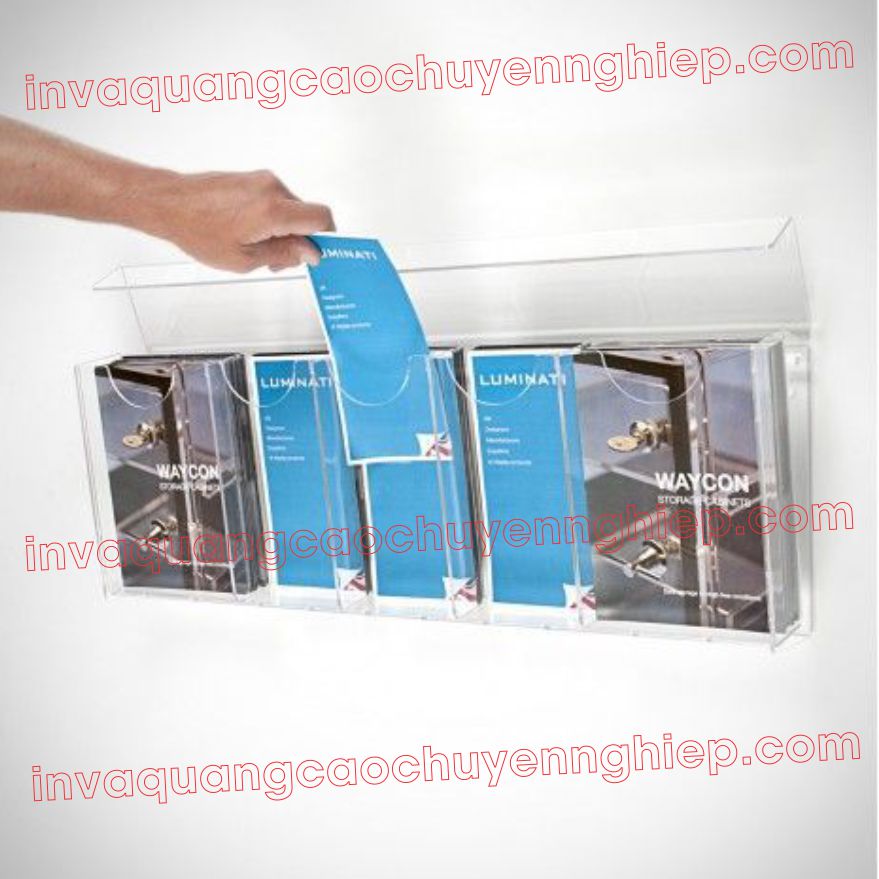 Quảng cáo Hoàng Kim cung cấp và gia công kệ mica đựng tờ rơi, brochue, tài liệu A4, A5, A6 để bàn hoặc treo tường đa dạng mẫu mã tại TPHN và TP Đà Nẵng.